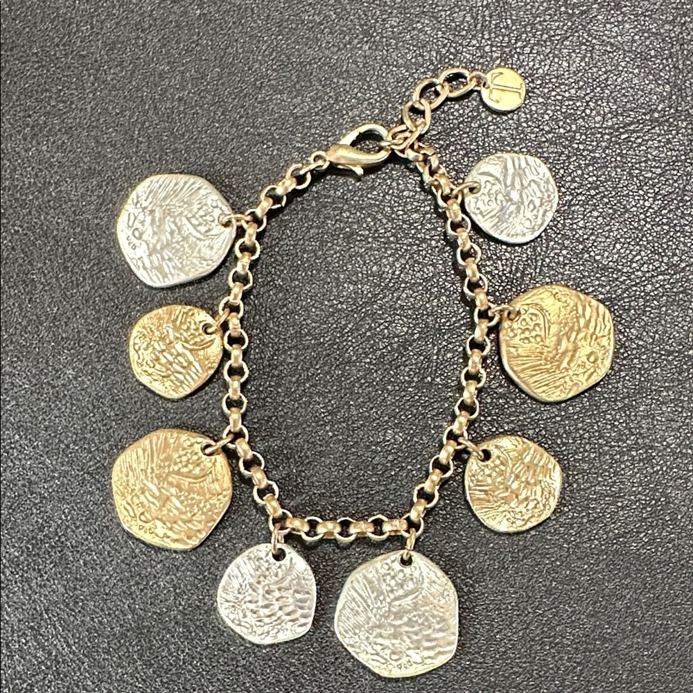 Talbots Vintage Two Tone Hammered Disc Charm Bracelet with Extender
